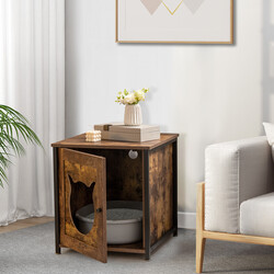 Kattlådeskåp i trä med dörr och ingång, lantlig brun, 50 x 53 x 55 cm