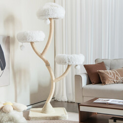 Kattklätterträd 178 cm med sisalstolpar och mjuka liggplatser i beige