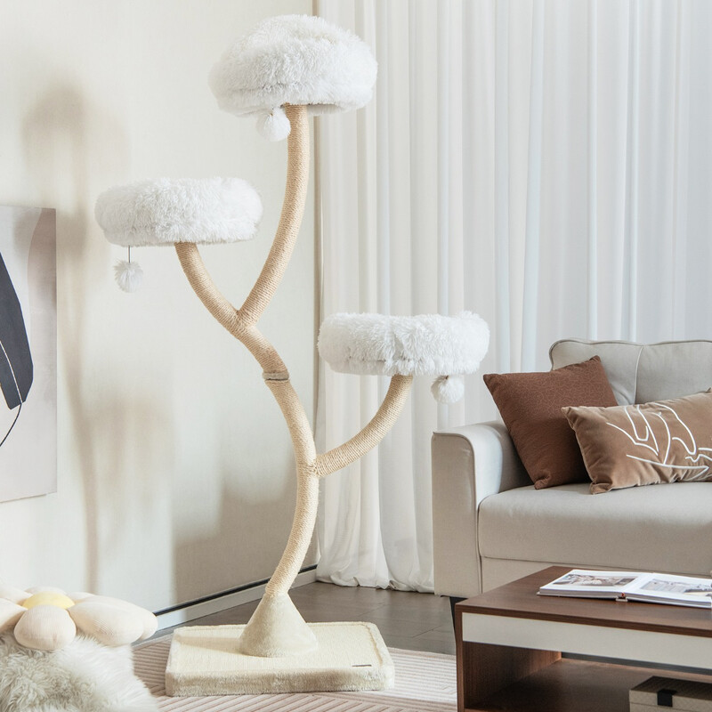 Kattklätterträd 178 cm med sisalstolpar och mjuka liggplatser i beige