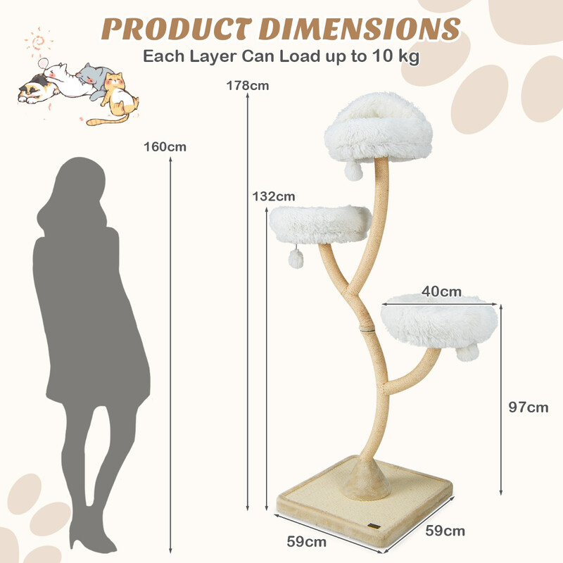 Kattklätterträd 178 cm med sisalstolpar och mjuka liggplatser i beige