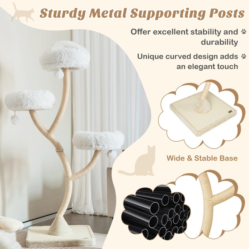 Kattklätterträd 178 cm med sisalstolpar och mjuka liggplatser i beige