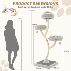 Kattklätterträd 178 cm med sisalstolpar och mjuka liggplatser i grått