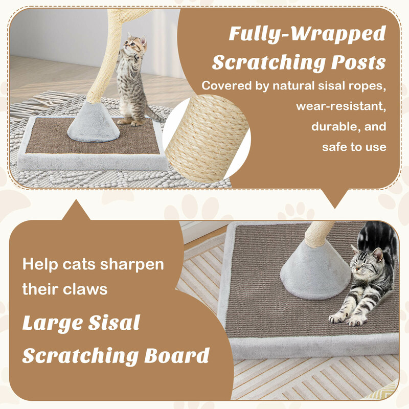 Kattklätterträd 178 cm med sisalstolpar och mjuka liggplatser i grått