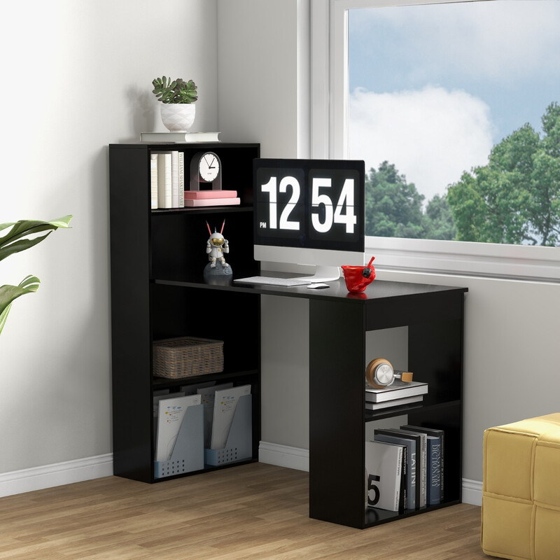 Skrivbord med bokhylla och 6 hyllor för dator och kontor, svart