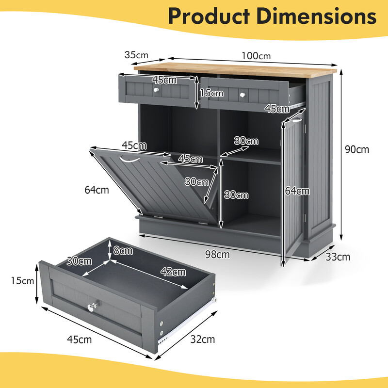 Köksavfallsskåp med stor arbetsyta, 2 lådor och justerbar hylla i svart MDF