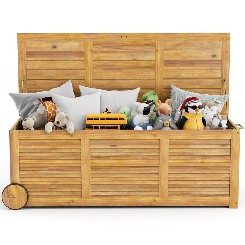 Förvaringslåda i akaciträ med hjul och vattentät innerpåse, 182 liter