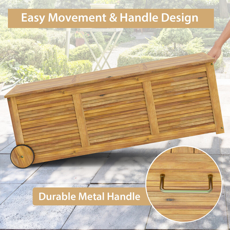 Förvaringslåda i akaciträ med hjul och vattentät innerpåse, 182 liter