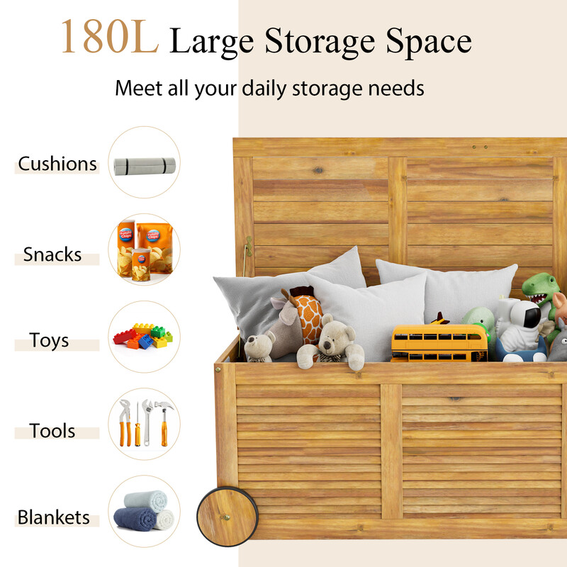 Förvaringslåda i akaciträ med hjul och vattentät innerpåse, 182 liter