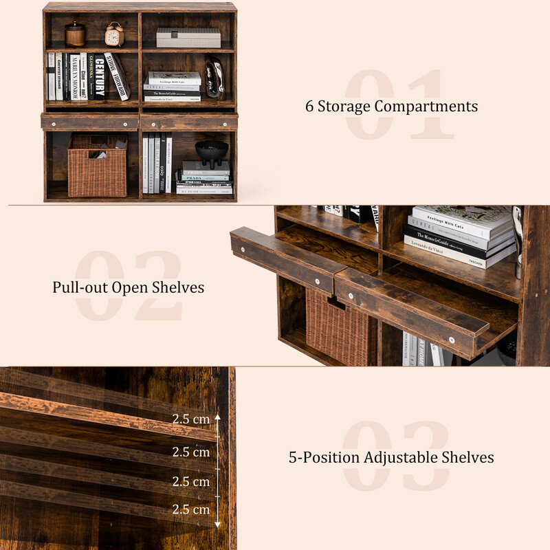 Bokhylla med 6 hyllor och utdragbart hyllplan i vintagebrun, 90 x 29,5 x 90 cm