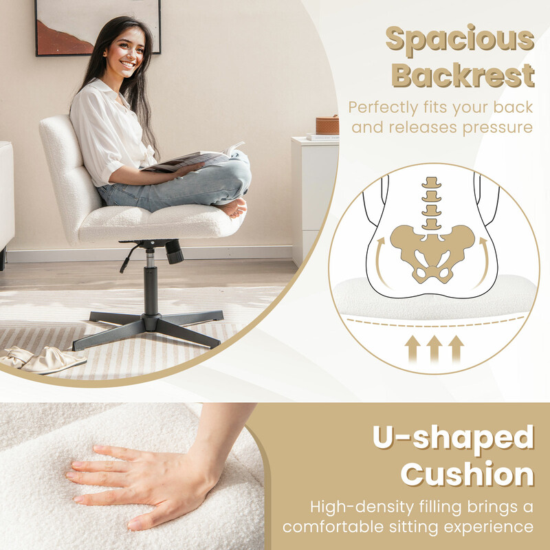 Kontorsstol med lammfällslook och bred sits, justerbar höjd och gungfunktion, beige