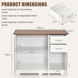 Vitt köksskåp med arbetsyta, justerbara hyllor, lådor och dörrar för mångsidig förvaring