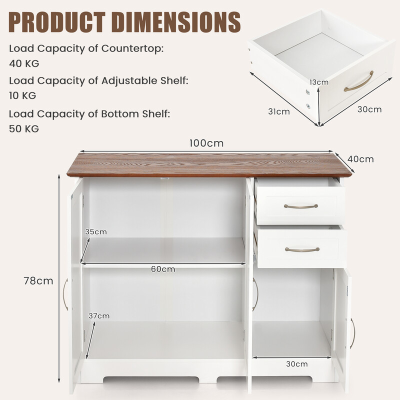 Vitt köksskåp med arbetsyta, justerbara hyllor, lådor och dörrar för mångsidig förvaring