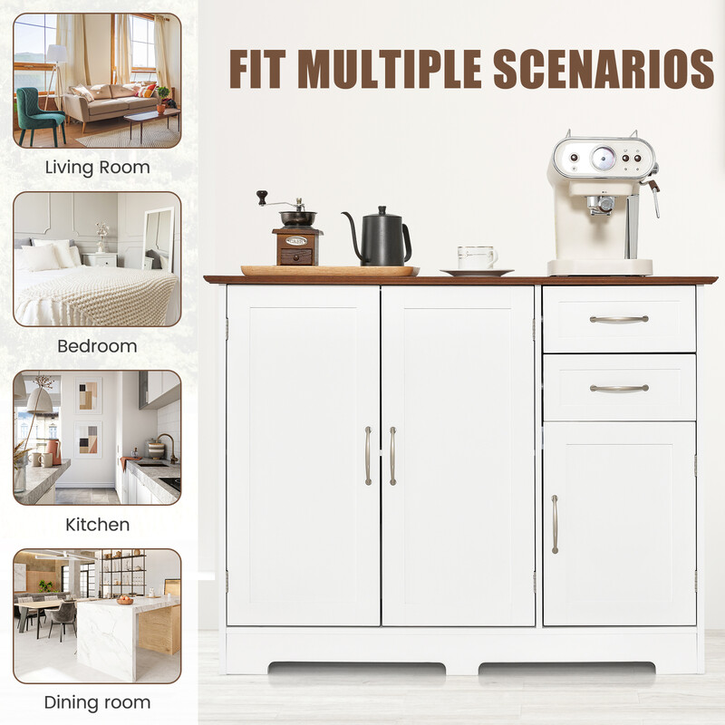 Vitt köksskåp med arbetsyta, justerbara hyllor, lådor och dörrar för mångsidig förvaring