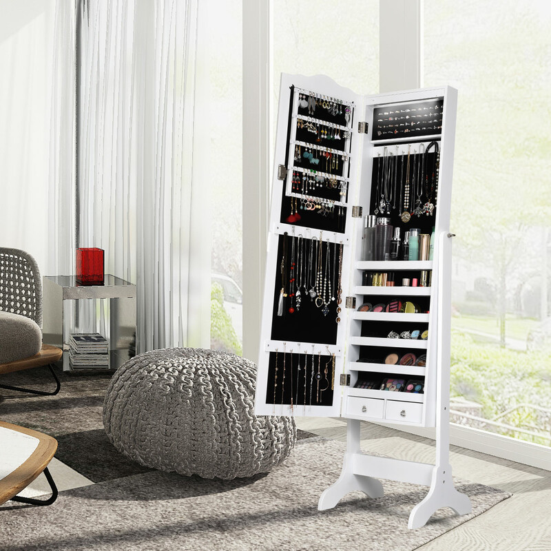 Smyckeskåp med LED-belysning och justerbar spegel, vit, 41,5 x 37 x 160 cm