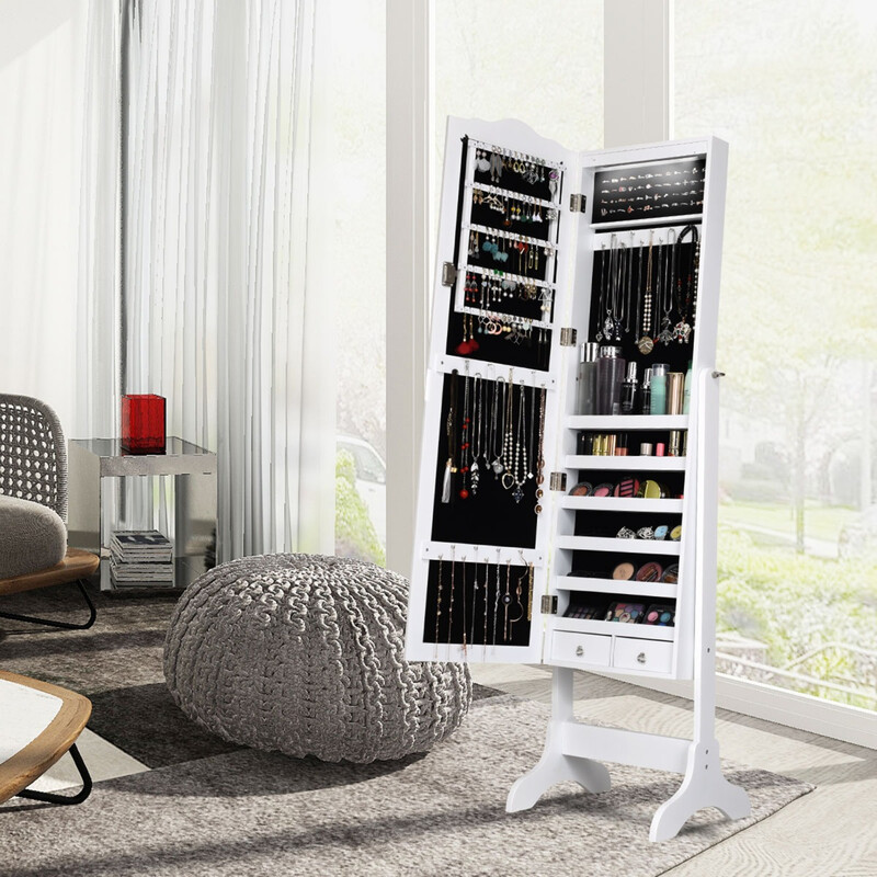 Smyckeskåp med LED-belysning och justerbar spegel, vit, 41,5 x 37 x 160 cm