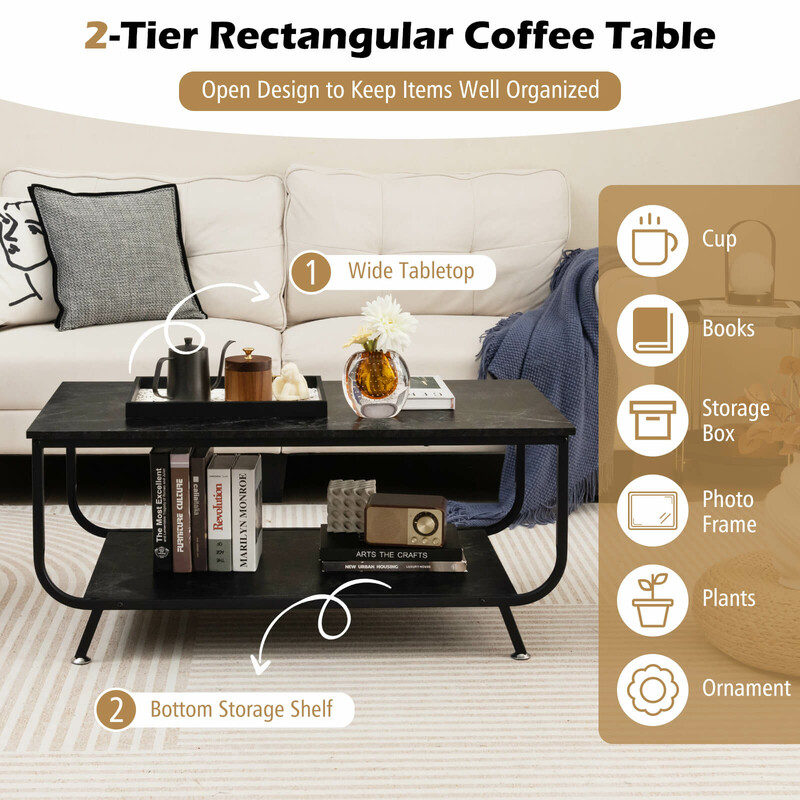 Rektangulärt soffbord i svart med marmoreffekt och två nivåer för extra förvaring