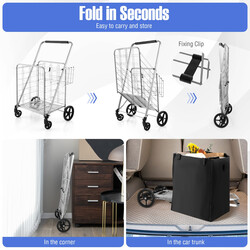Hopfällbar kundvagn med avtagbar Oxford-väska och två korgar i silver