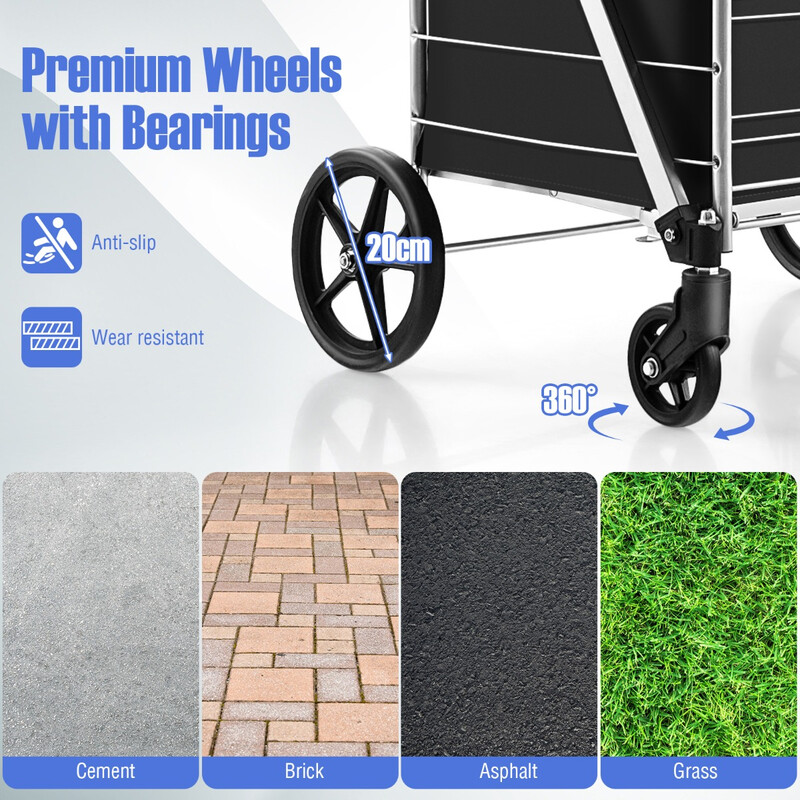 Hopfällbar kundvagn med avtagbar Oxford-väska och två korgar i silver