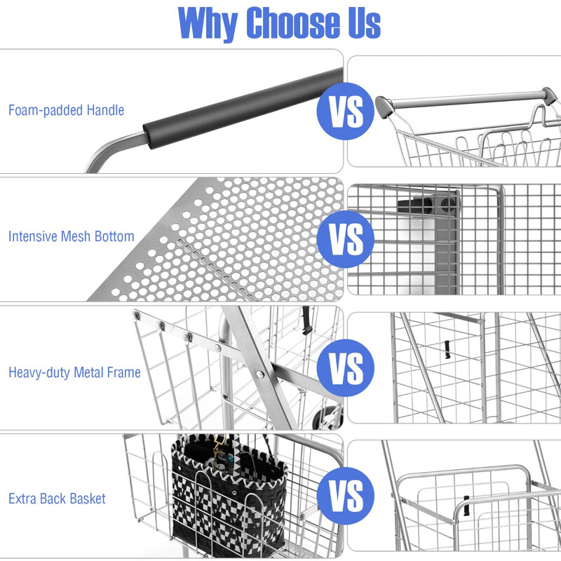 Hopfällbar kundvagn med avtagbar Oxford-väska och två korgar i silver