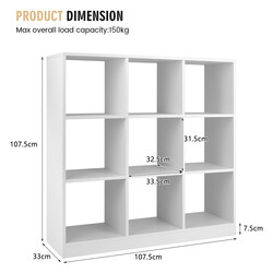 Barnhylla med 9 fack vit förvaringslösning för leksaker och böcker 107,5 x 33 x 107,5 cm
