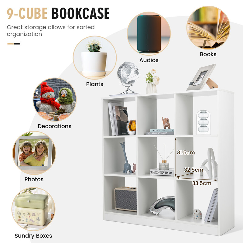 Barnhylla med 9 fack vit förvaringslösning för leksaker och böcker 107,5 x 33 x 107,5 cm