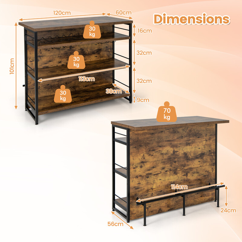 Elegant barbord med vinhylla, glashållare och justerbara fötter för stilren förvaring