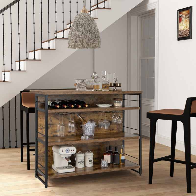 Elegant barbord med vinhylla, glashållare och justerbara fötter för stilren förvaring