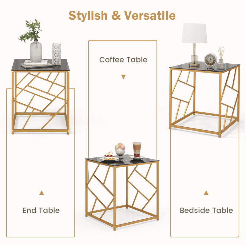 Sidobord med härdat glas och gyllene metallram för modern inredning 50 x 50 x 55 cm