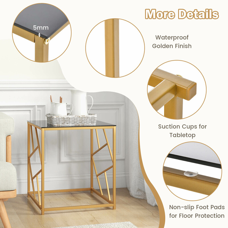 Sidobord med härdat glas och gyllene metallram för modern inredning 50 x 50 x 55 cm