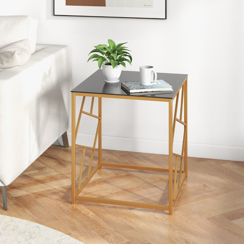 Sidobord med härdat glas och gyllene metallram för modern inredning 50 x 50 x 55 cm