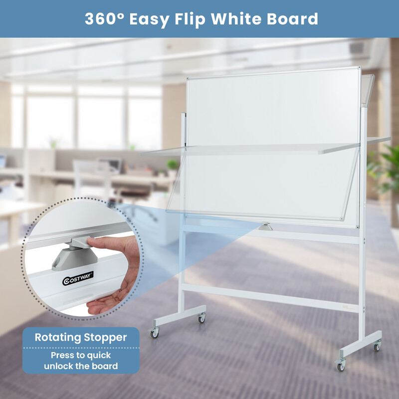 Dubbelsidig mobil whiteboard med gittermönster och ställning, justerbar höjd, 120x90 cm vit