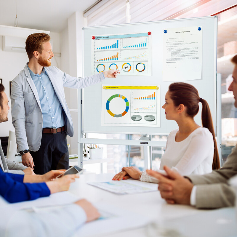 Dubbelsidig mobil whiteboard med gittermönster och ställning, justerbar höjd, 120x90 cm vit