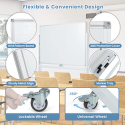 Dubbelsidig mobil whiteboard med gittermönster och ställning, justerbar höjd, 120x90 cm vit