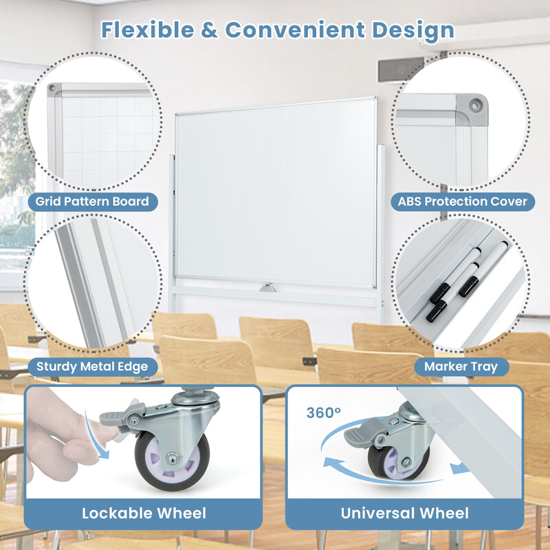 Dubbelsidig mobil whiteboard med gittermönster och ställning, justerbar höjd, 120x90 cm vit