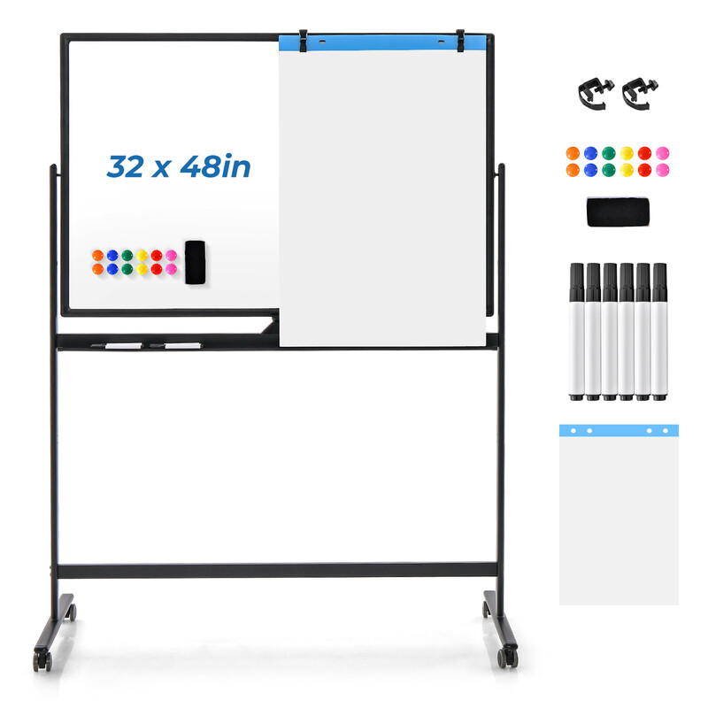 Dubbelsidig höjdjusterbar mobil magnetisk whiteboard 120x80 cm med aluminiumram och tillbehör