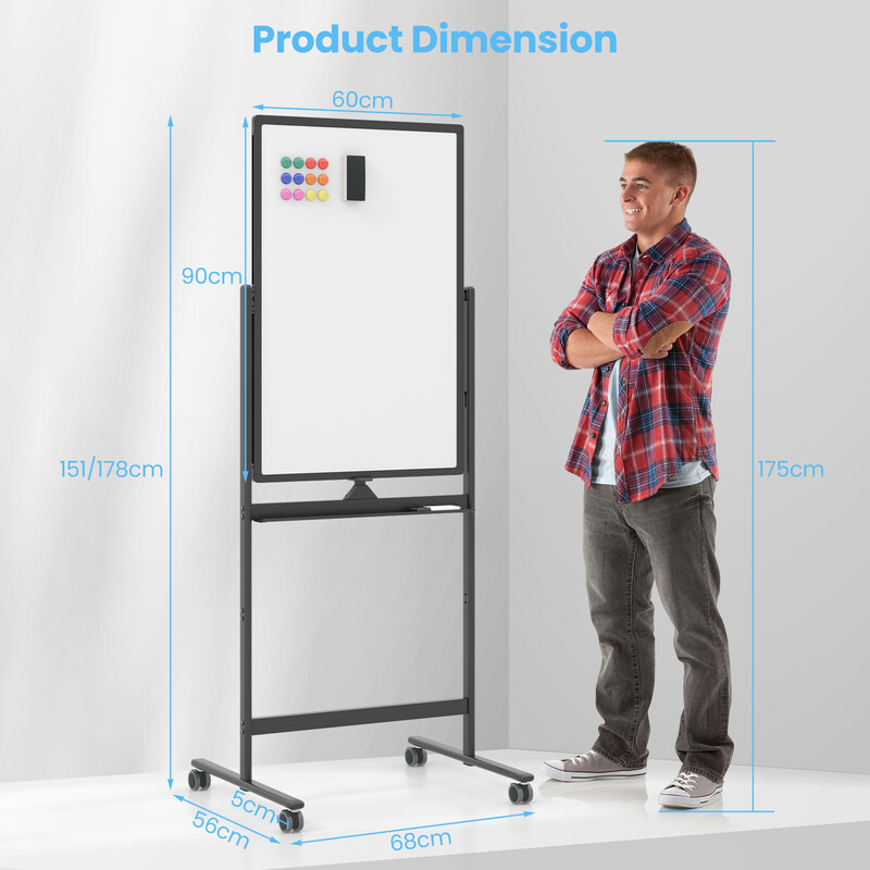Dubbelsidig mobil whiteboard med pennhållare och tillbehör för skola och kontor 60 x 90 cm svart