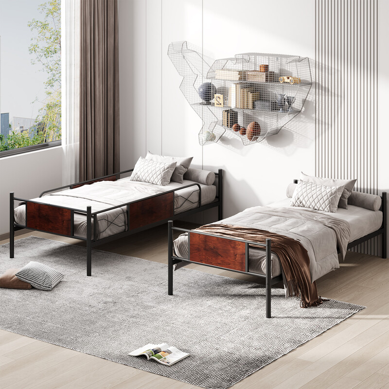 2-i-1 ombyggbar våningssäng i metall med stege och skyddsräcken 190 x 90 cm