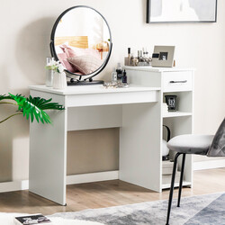 Skrivbord med låda och öppna hyllor i trä, vit, 102 x 50 x 82 cm