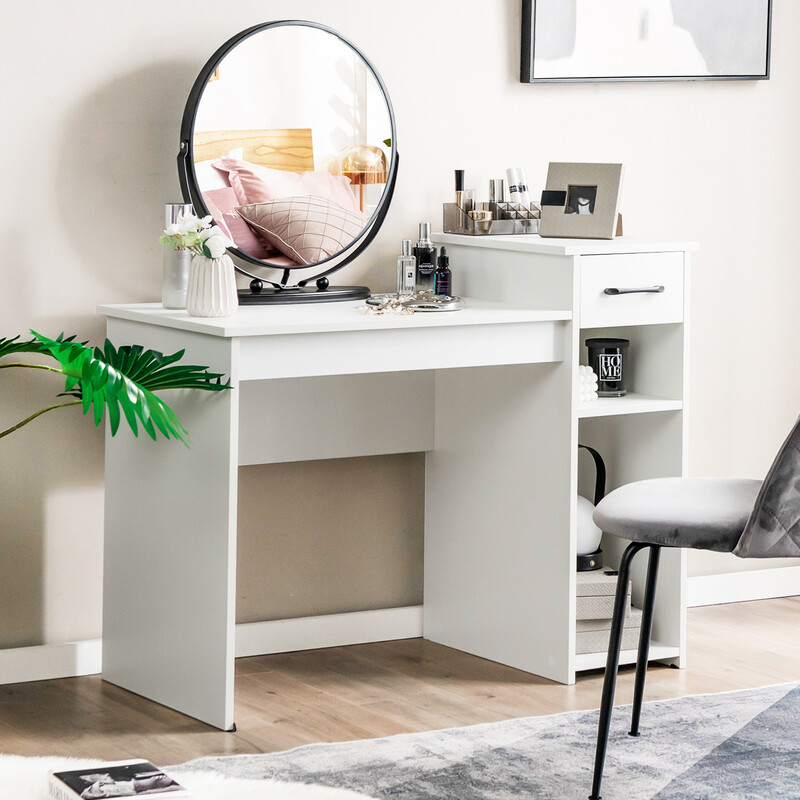 Skrivbord med låda och öppna hyllor i trä, vit, 102 x 50 x 82 cm