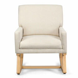 Bekväm gungstol i massivt trä med beige tygklädsel och ergonomisk design