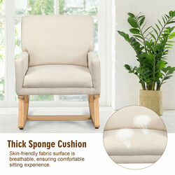 Bekväm gungstol i massivt trä med beige tygklädsel och ergonomisk design