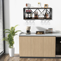 Väggmonterad vinhylla med metallram och glashållare för 39 flaskor och 12 glas