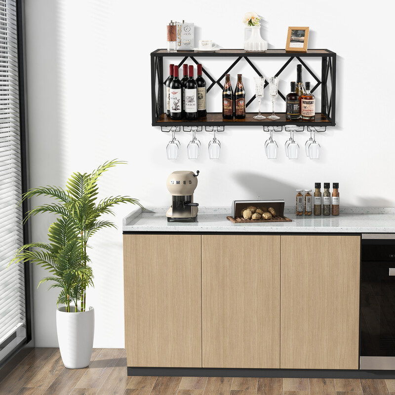 Väggmonterad vinhylla med metallram och glashållare för 39 flaskor och 12 glas