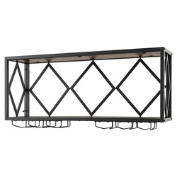 Väggmonterad vinhylla med metallram och glashållare för 39 flaskor och 12 glas