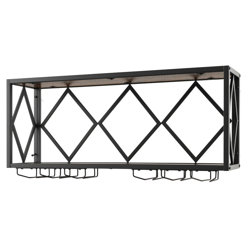 Väggmonterad vinhylla med metallram och glashållare för 39 flaskor och 12 glas