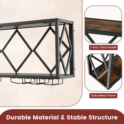 Väggmonterad vinhylla med metallram och glashållare för 39 flaskor och 12 glas