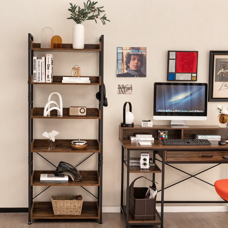 Metallbokhylla med 6 hyllor och 4 krokar i industriell vintage-design