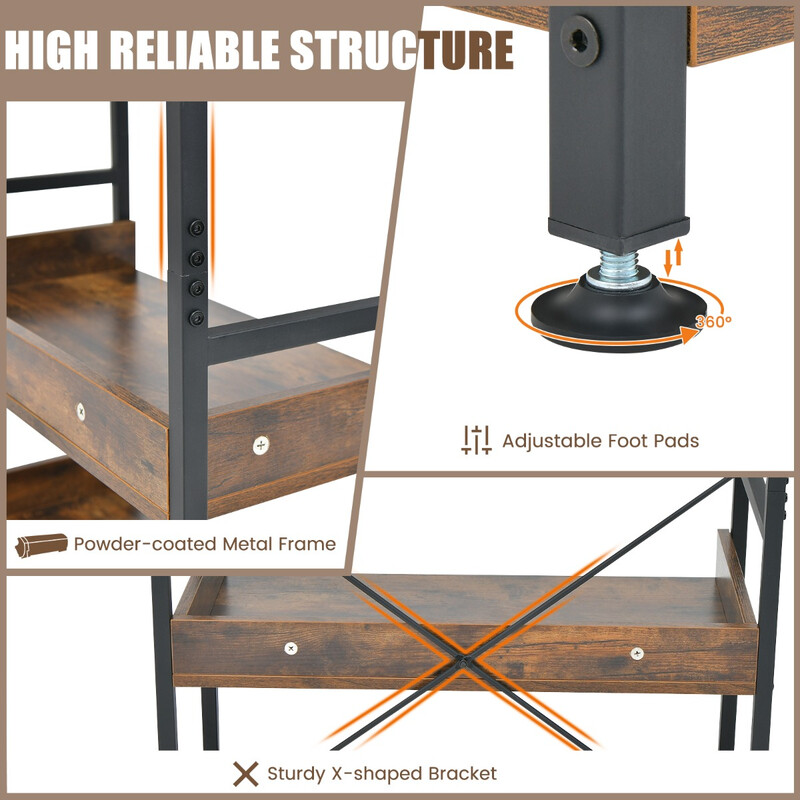 Metallbokhylla med 6 hyllor och 4 krokar i industriell vintage-design