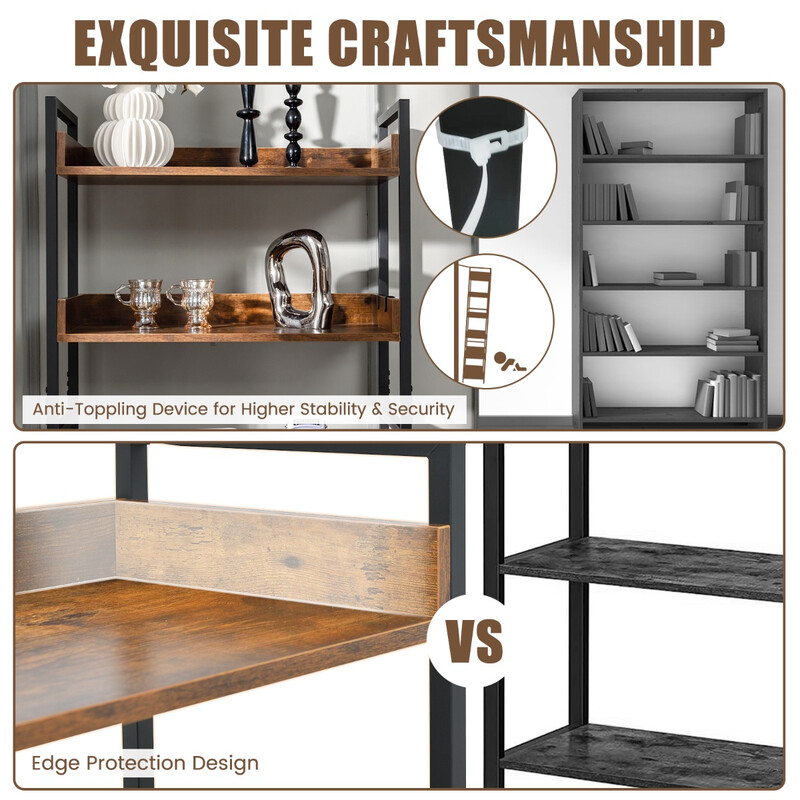 Metallbokhylla med 6 hyllor och 4 krokar i industriell vintage-design