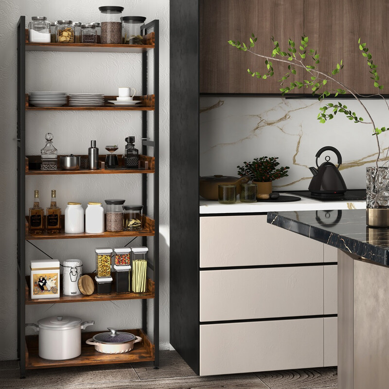 Metallbokhylla med 6 hyllor och 4 krokar i industriell vintage-design